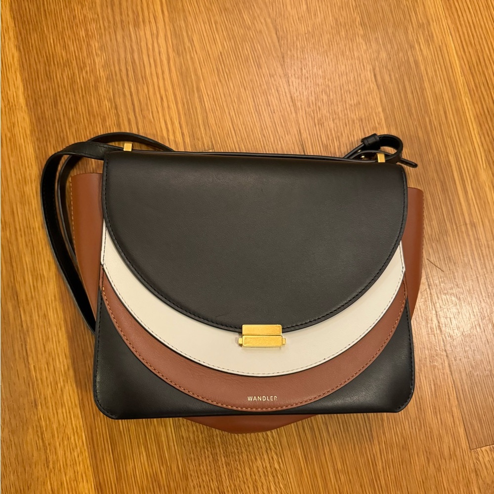 Wandler Cross Body Luna Handbag, tricolor white black and camel/brown